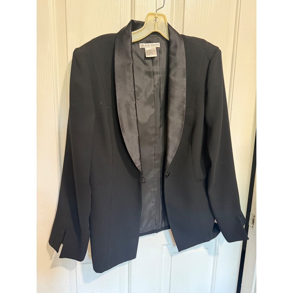 Plaza South Black Tuxedo Blazer Satin Shawl Lapel Evening Jacket Size 14